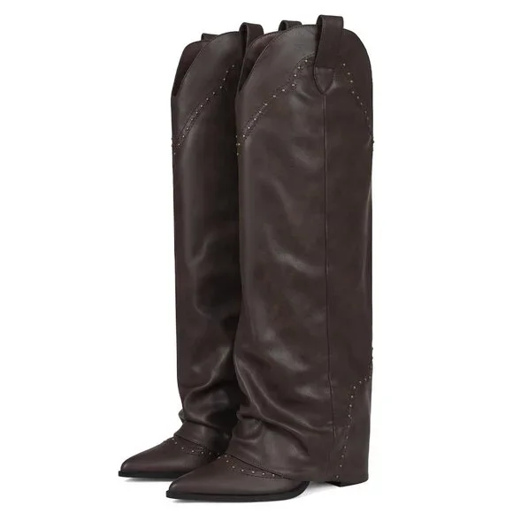 Women's Knee High Boots 3.7 Inch Heel Studded Fold Over Vegan Leather - Picture 1 of 7